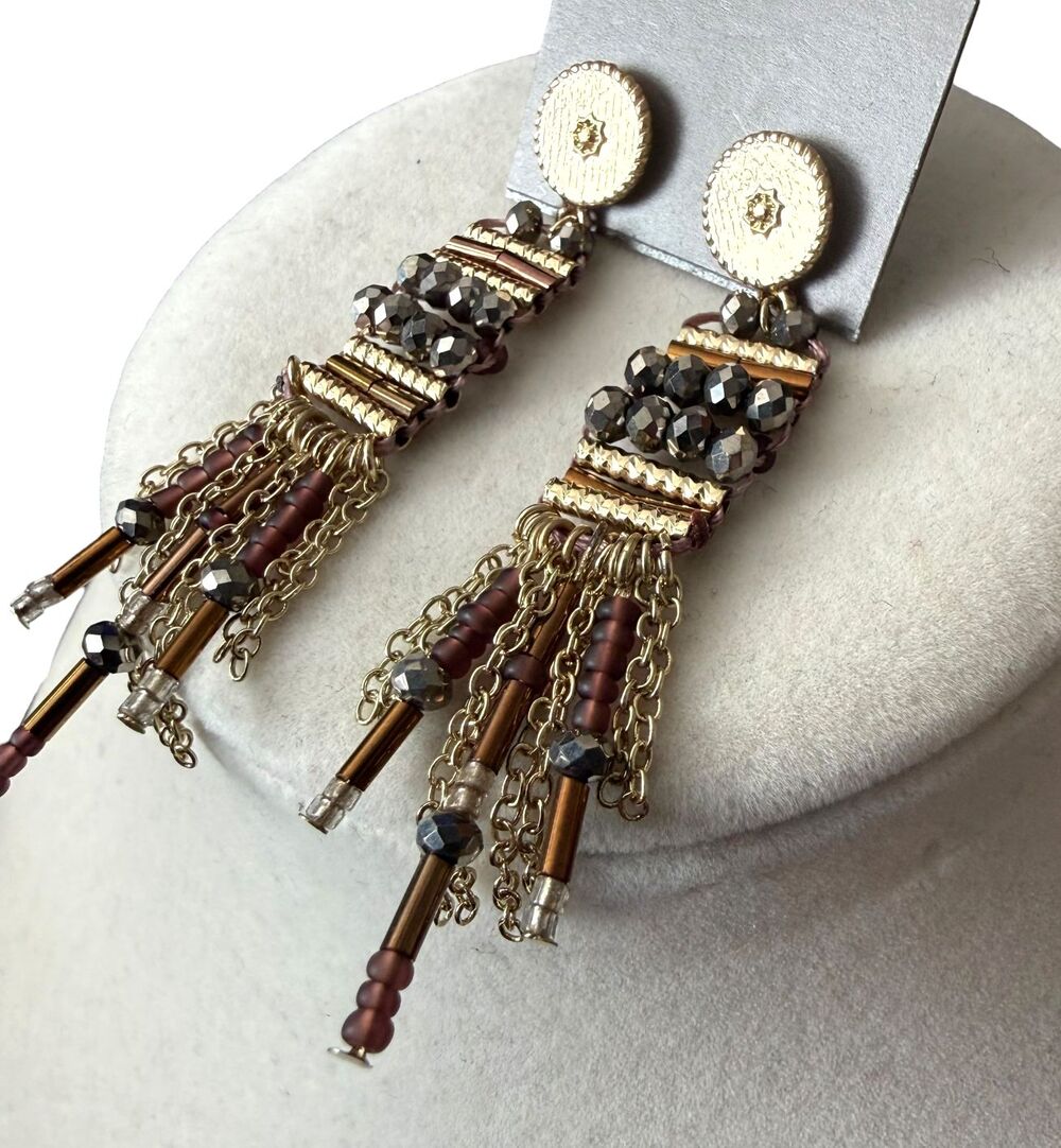 J Jill Beaded Fringe Earrings Gold Violet Glass Boho Statement Dangle Resort NWT - Picture 5 of 7